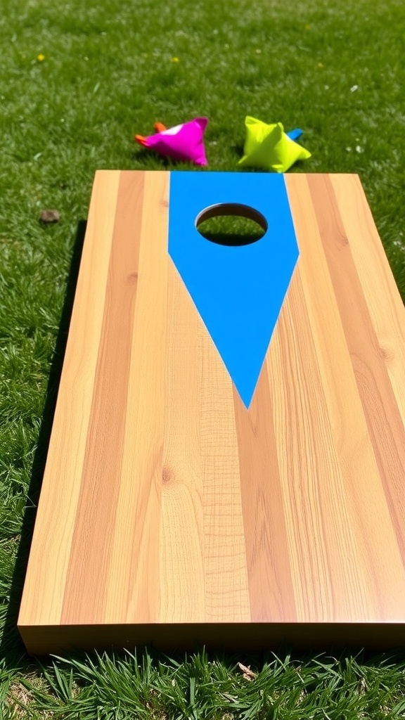 Cornhole board with dimensions displayed, featuring a hole and colorful bean bags in a sunny backyard.
